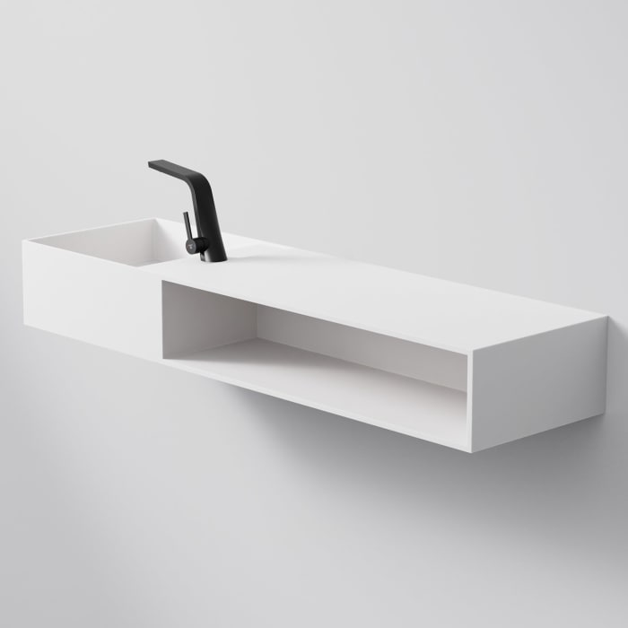 Steinberg Serie 443 Wandwaschtisch mit offenem Fach rechts aus Mineo Stone 140 x 40 cm