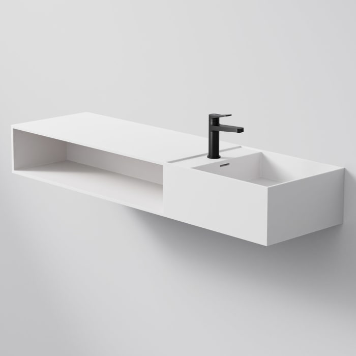 Steinberg Serie 443 Wandwaschtisch mit offenem Fach links aus Mineo Stone 140 x 40 cm