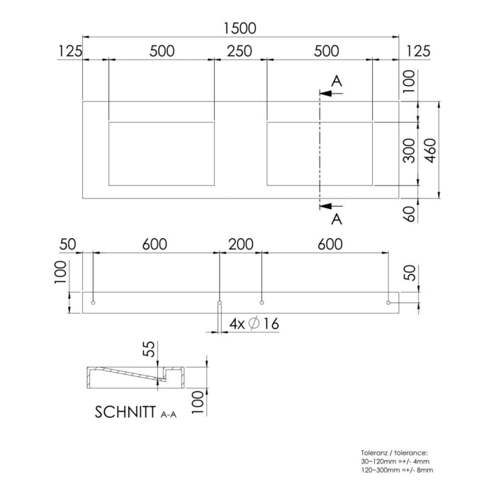 Steinberg Serie 444 Doppel-Wandwaschtisch 150 x 46 cm