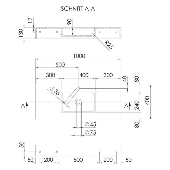 Steinberg Serie 444 Wandwaschtisch aus Mineo Stone 100 x 40 cm