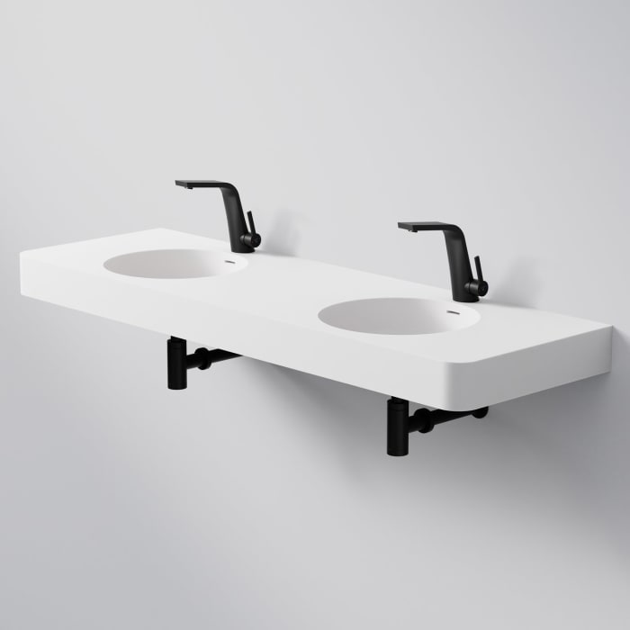 Steinberg Serie 449 Doppelwaschtisch mit 2 Hahnlöchern aus Mineo Stone 150 x 48 cm