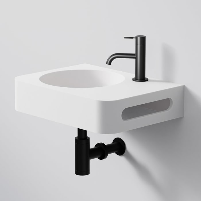 Steinberg Serie 449 Wandwaschtisch mit Handtuchhalter und 1 Hahnloch rechts aus Mineo Stone 45 x 33 cm