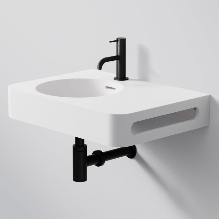 Steinberg Serie 449 Wandwaschtisch mit Handtuchhalter und 1 Hahnloch links aus Mineo Stone 55 x 40 cm