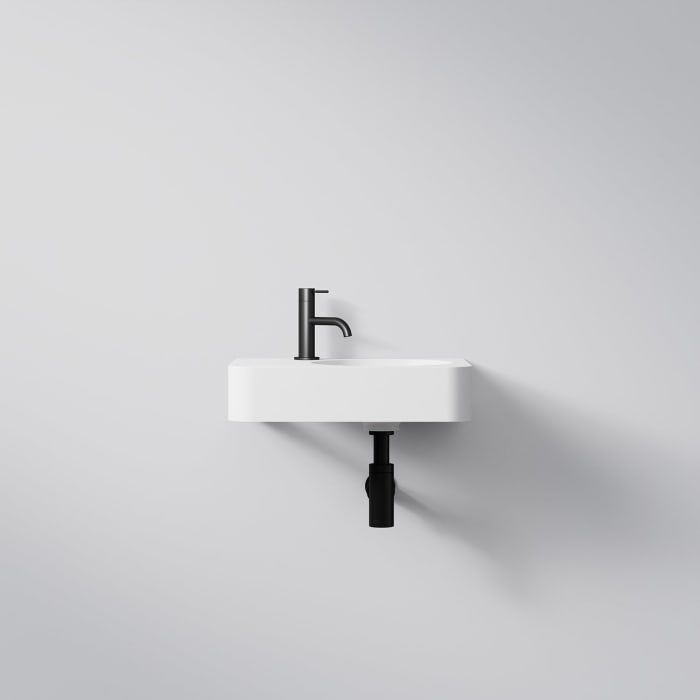 Steinberg Serie 449 Wandwaschtisch mit Handtuchhalter und 1 Hahnloch links aus Mineo Stone 45 x 33 cm