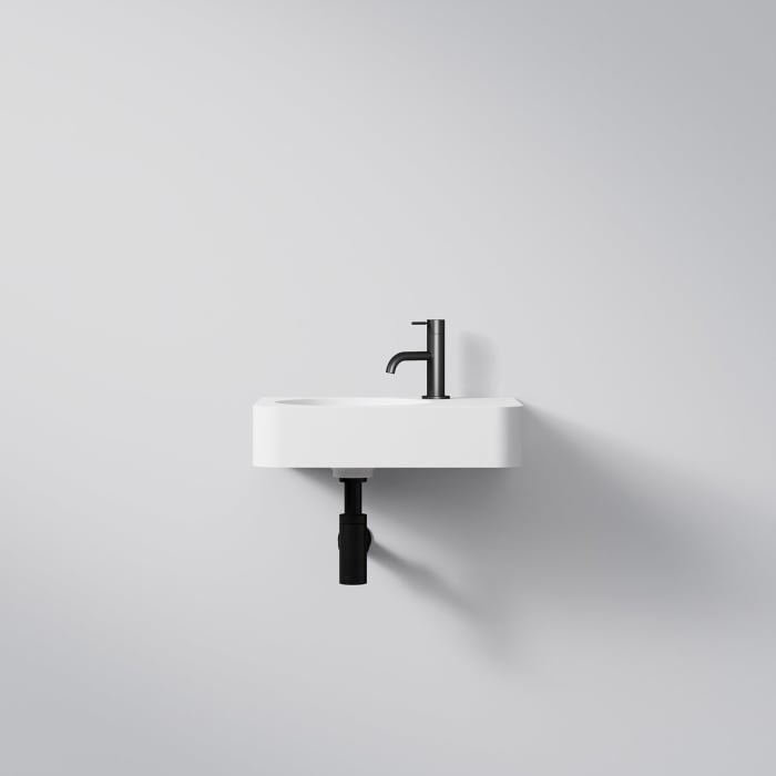 Steinberg Serie 449 Wandwaschtisch mit Handtuchhalter und 1 Hahnloch rechts aus Mineo Stone 45 x 33 cm