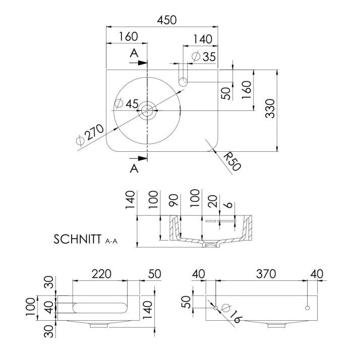 Steinberg Serie 449 Wandwaschtisch mit Handtuchhalter und 1 Hahnloch rechts aus Mineo Stone 45 x 33 cm