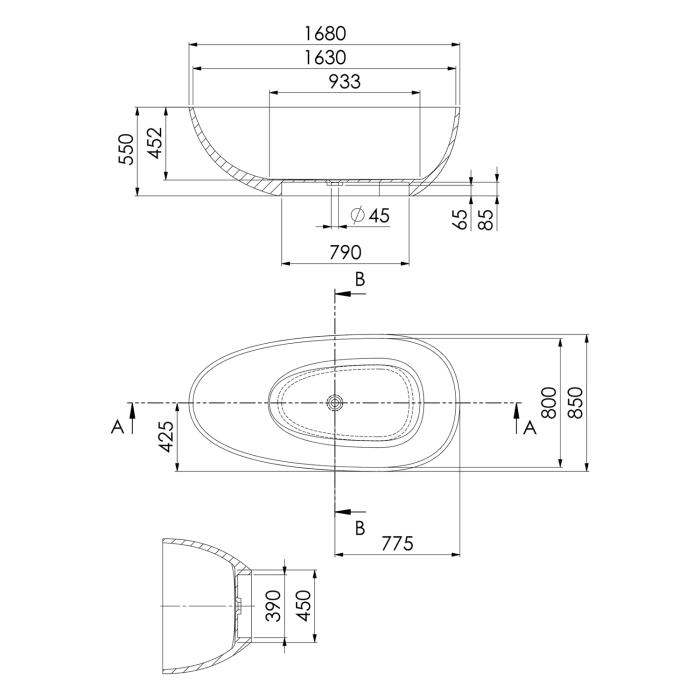 Steinberg Serie 489 freistehende Badewanne aus Polyresin 168 x 85 cm