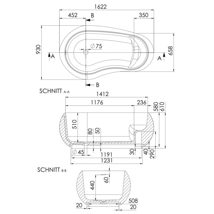 Steinberg Serie 490 freistehende Badewanne 162 x 93 cm