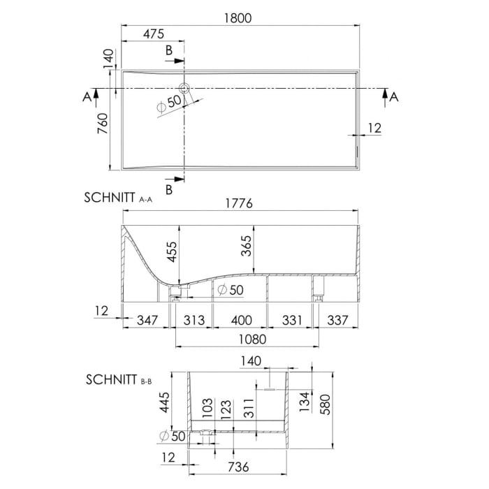 Steinberg Serie 490 freistehende Badewanne 180 x 76 cm