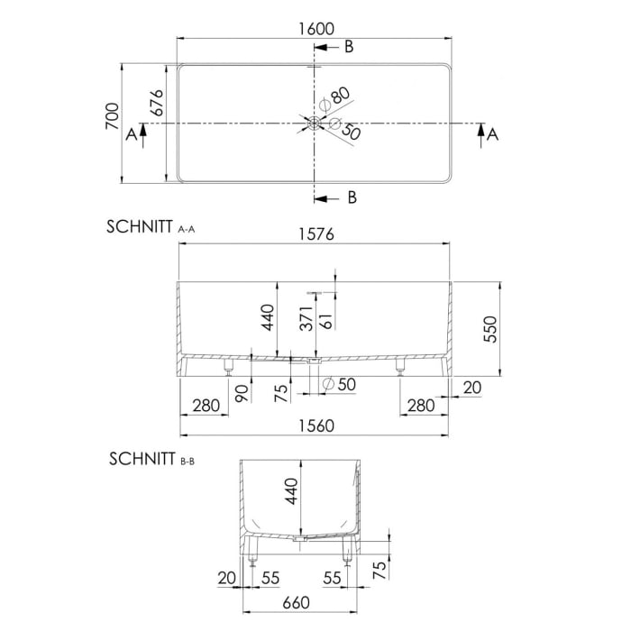 Steinberg Serie 490 freistehende Badewanne 160 x 70 cm