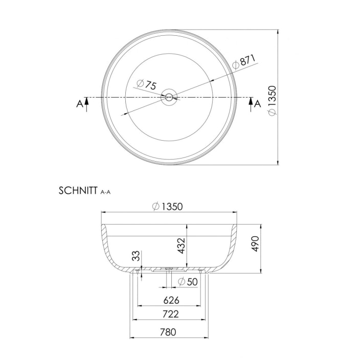 Steinberg Serie 490 freistehende Rundwanne 135 cm