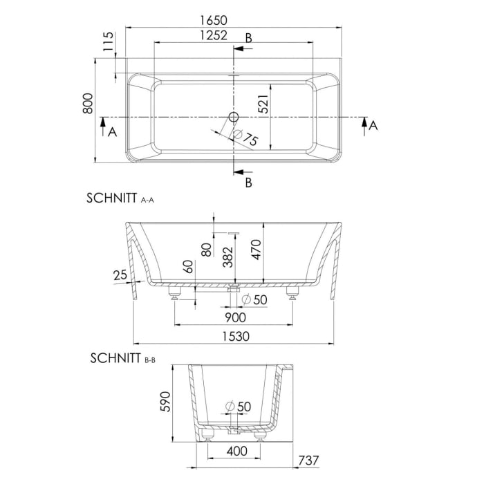 Steinberg Serie 490 Vorwandbadewanne, eckig abgerundet 165 x 80 cm