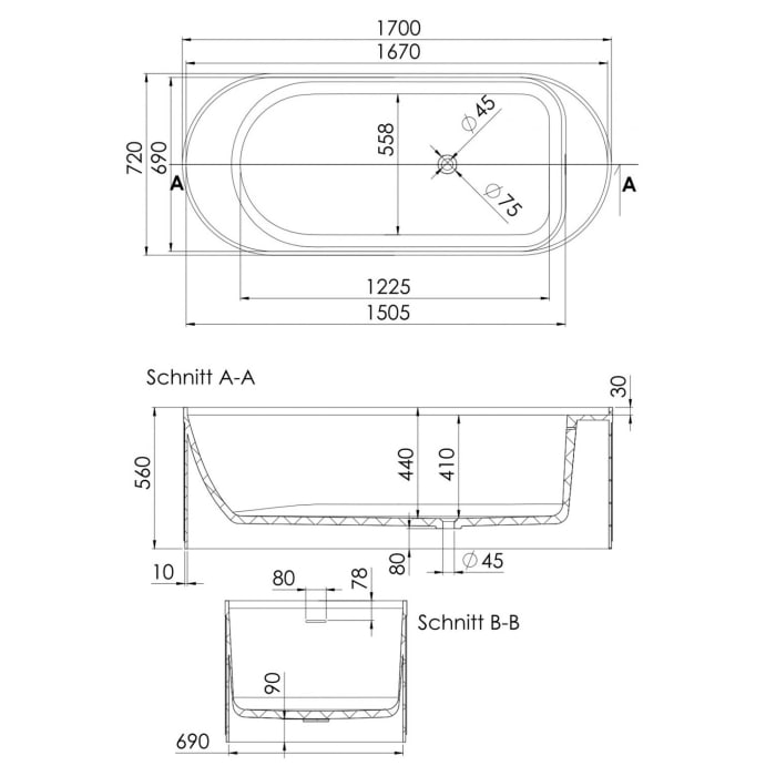 Steinberg Serie 740 freistehende Badewanne 171 x 72 cm