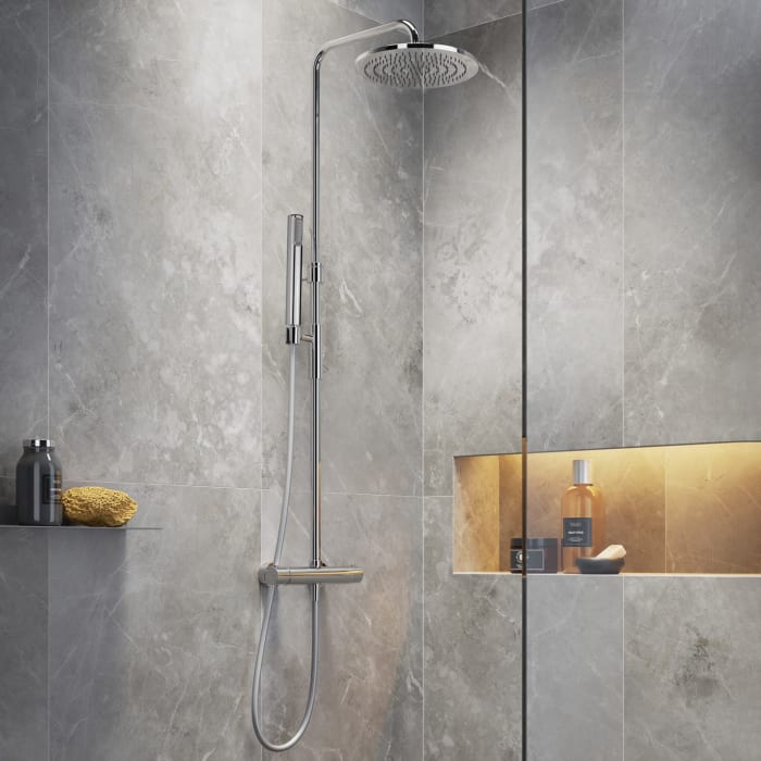 Steinkamp Living Thermostat Duschsystem AP mit Kopfbrause Ø 22,5 cm und Stabhandbrause, Höhenverstellbar