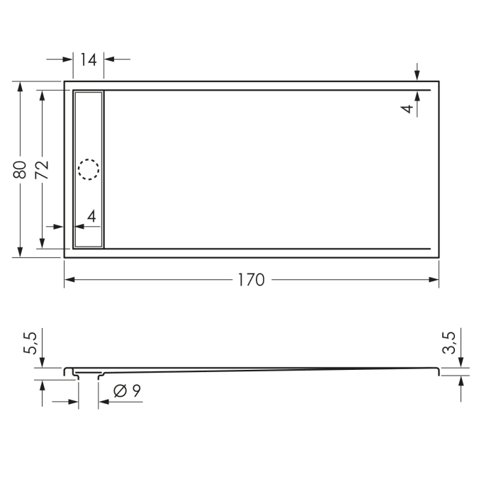Steinkamp Living Duschwanne 170 x 80 cm mit Ablaufrinne, superflach