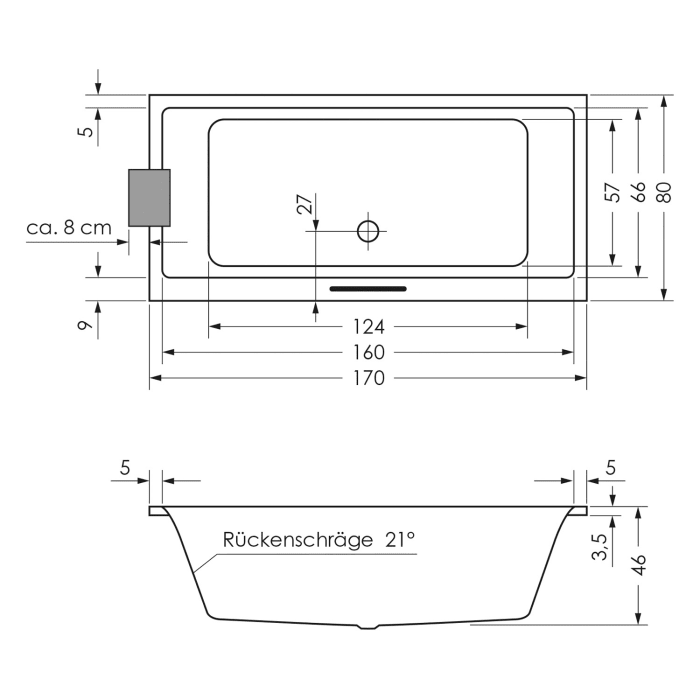 Steinkamp Life Rechteck-Badewanne mit Whirlsystem 170 x 80 cm, inkl. Viega Multiplex M5
