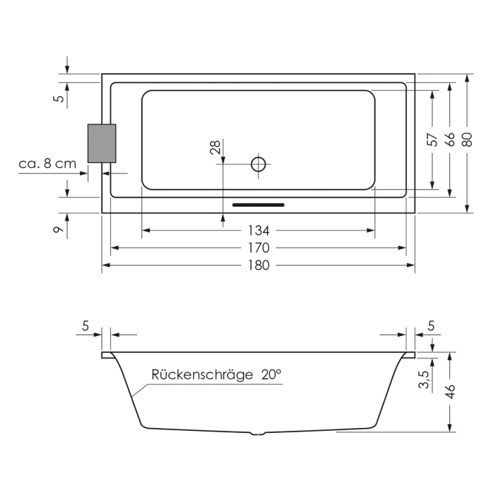 Steinkamp Life Rechteck-Badewanne mit Whirlsystem 180 x 80 cm, inkl. Viega Multiplex Trio MT5