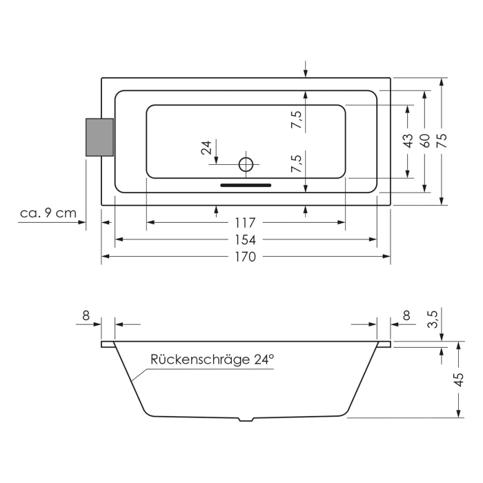 Steinkamp Life Rechteck-Badewanne mit Whirlsystem 170 x 75 cm, inkl. Viega Multiplex M5