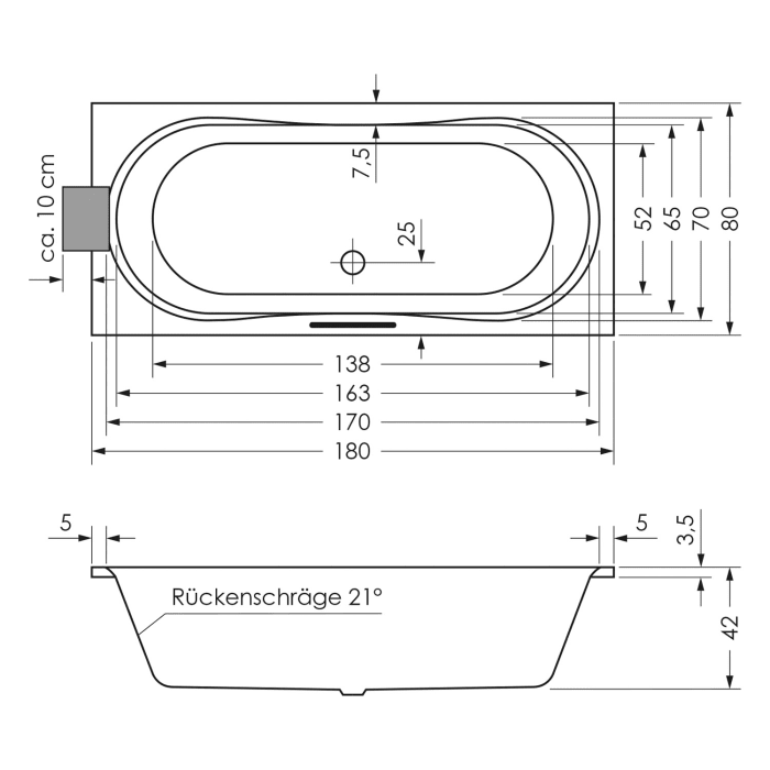 Steinkamp Life Rechteck-Badewanne mit Whirlsystem 180 x 80 cm, inkl. Viega Multiplex Trio MT5