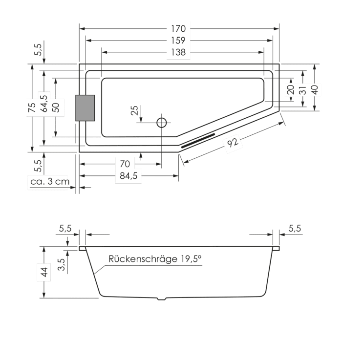 Steinkamp Life Raumsparbadewanne 170 x 75 cm Ausführung rechts