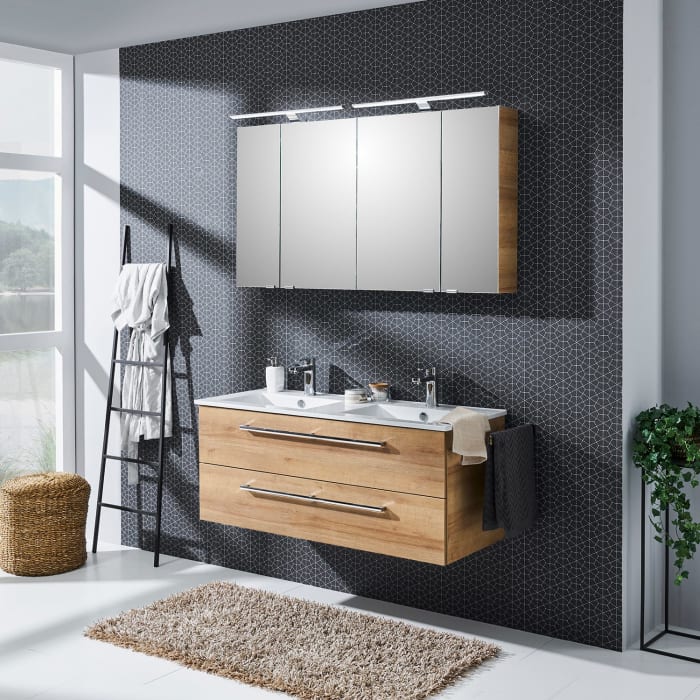 Steinkamp Life 2.0 Badmöbel Set 121 cm mit LED-Spiegelschrank, Doppelwaschtisch