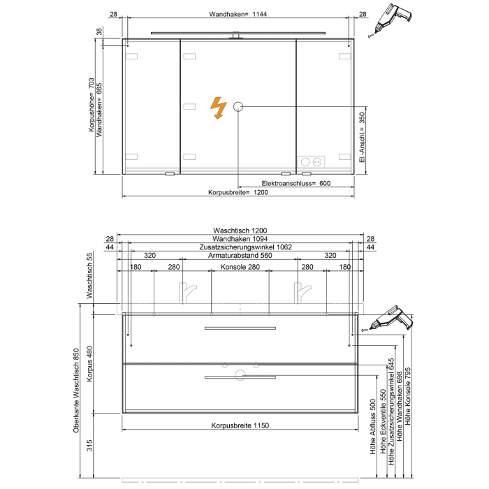 Steinkamp Living 2.0 / Geberit iCon light Badmöbel Set 120 cm mit Spiegelschrank, 3 Türen