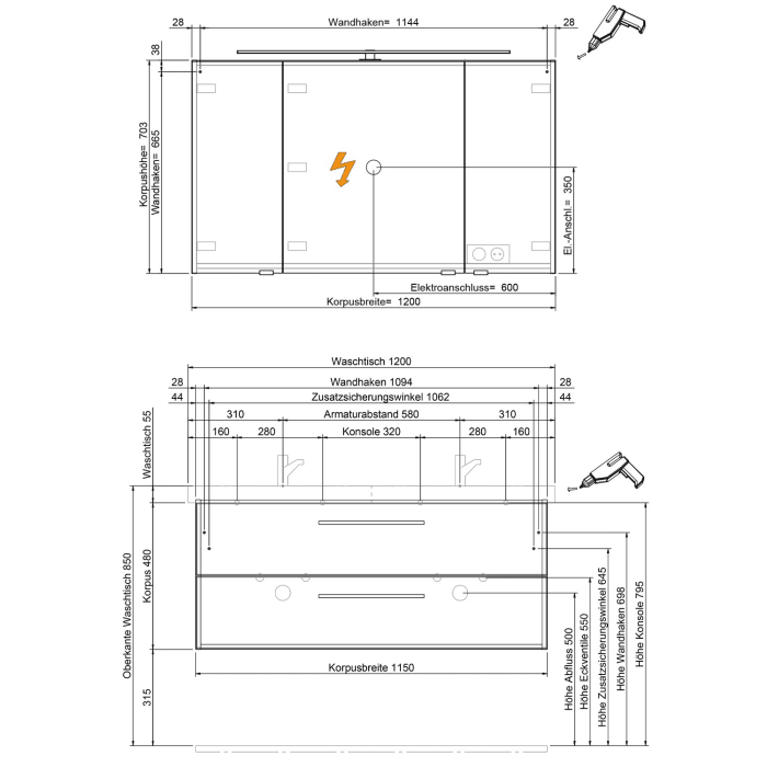 Steinkamp Living 2.0 / Geberit iCon light Badmöbel Set 120 cm mit Spiegelschrank, 3 Türen