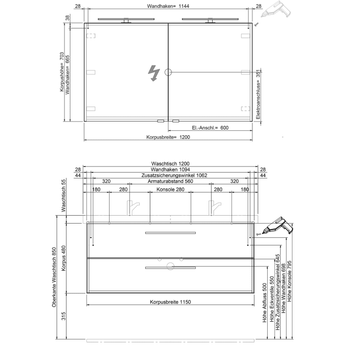 Steinkamp Living 2.0 / Geberit iCon light Badmöbel Set 120 cm mit Spiegelschrank, 2 Türen