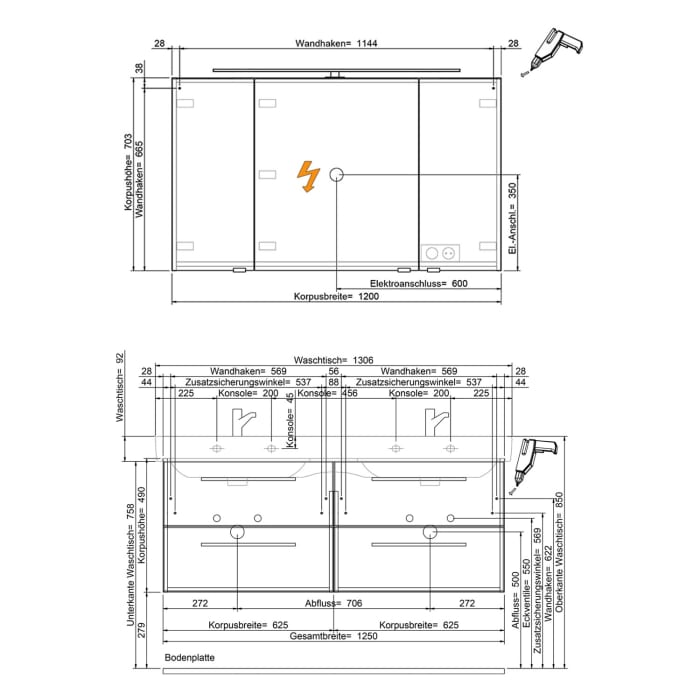 Steinkamp Living 2.0 / LAUFEN PRO S Badmöbel Set 130 cm mit Spiegelschrank, 3 Türen