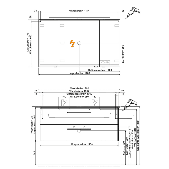 Steinkamp Living 2.0 / Villeroy & Boch Venticello Badmöbel Set 120 cm mit Spiegelschrank, 3 Türen