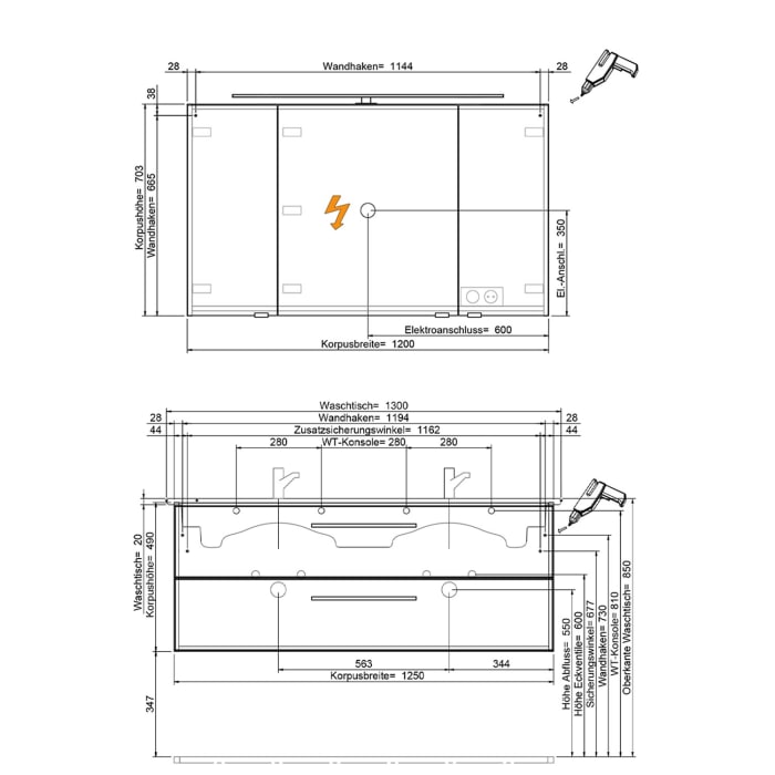 Steinkamp Living 2.0 / Villeroy & Boch Venticello Badmöbel Set 130 cm mit Spiegelschrank, 3 Türen