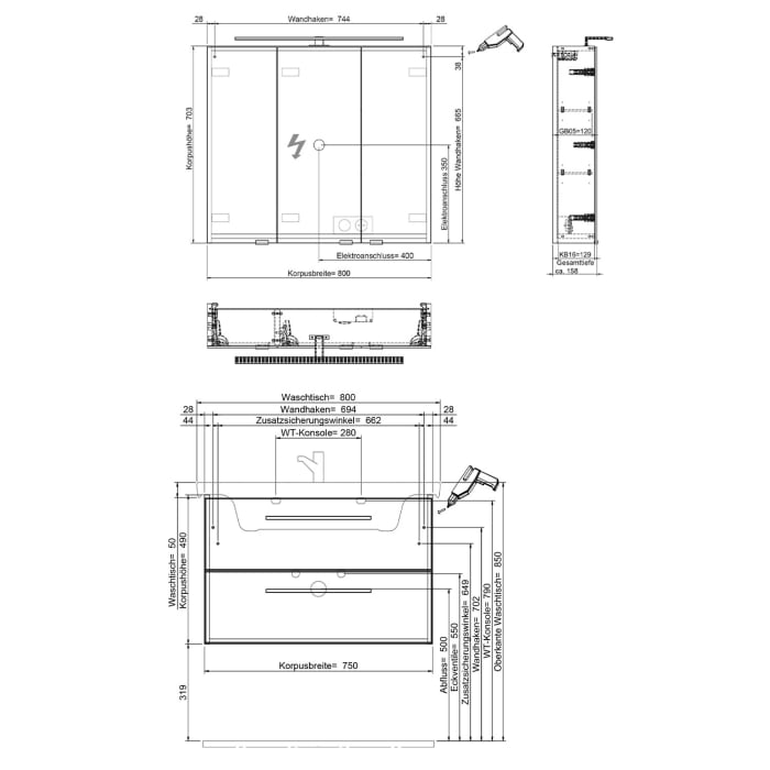 Steinkamp Living 2.0 / Villeroy & Boch Subway 3.0 Badmöbel Set 80 cm mit Spiegelschrank