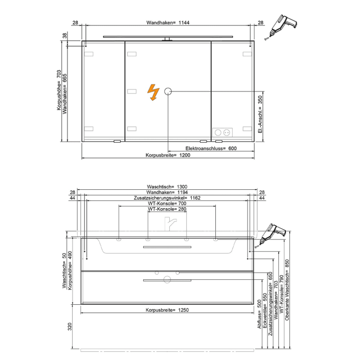 Steinkamp Living 2.0 / Villeroy & Boch Subway 3.0 Badmöbel Set 130 cm mit Spiegelschrank, 3 Türen