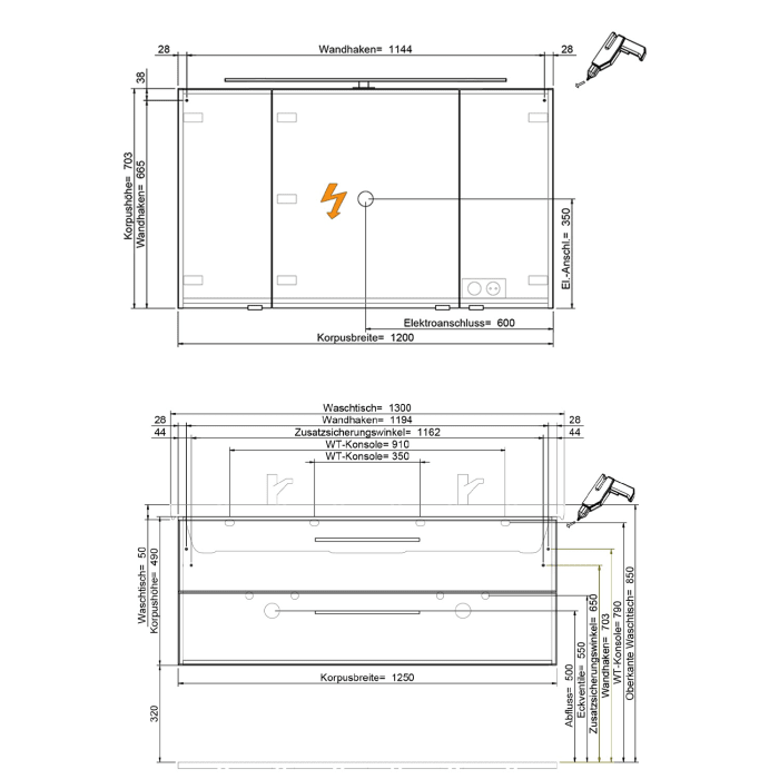 Steinkamp Living 2.0 / Villeroy & Boch Subway 3.0 Badmöbel Set 130 cm mit Spiegelschrank, 3 Türen