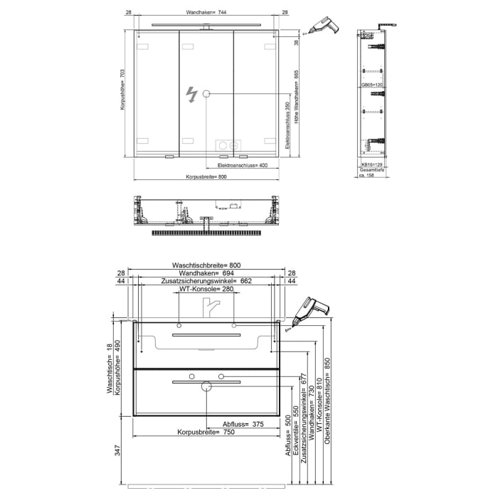Steinkamp Living 2.0 / Villeroy & Boch Venticello Badmöbel Set 80 cm mit Spiegelschrank