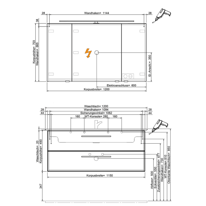 Steinkamp Living 2.0 / Villeroy & Boch Venticello Badmöbel Set 120 cm mit Spiegelschrank, 3 Türen