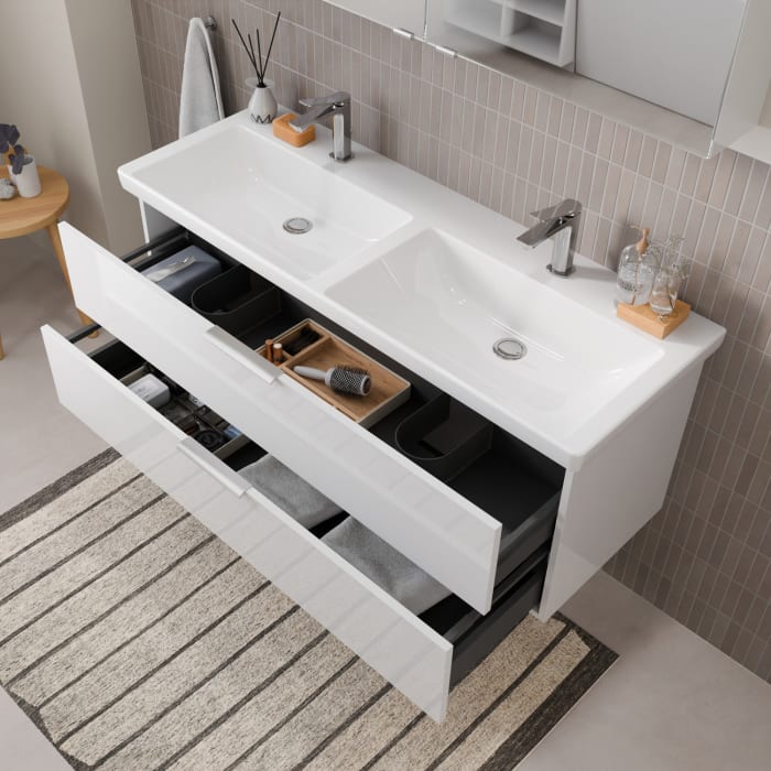 Steinkamp Living 2.0 / Villeroy & Boch Subway 3.0 Badmöbel Set 130 cm mit Spiegelschrank, 2 Türen