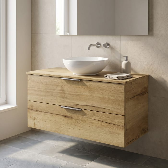 Steinkamp Living 2.0 / Villeroy & Boch Loop & Friends Aufsatzwaschtisch mit Waschtischunterschrank 99 cm
