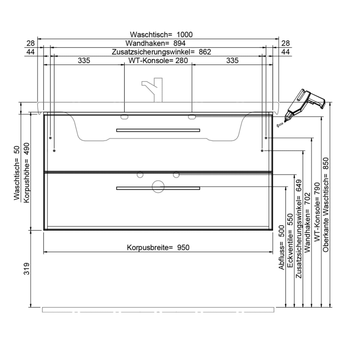 Steinkamp Living 2.0 Waschtischunterschrank 95 cm für Villeroy & Boch Subway 3.0 Waschtisch 100 cm