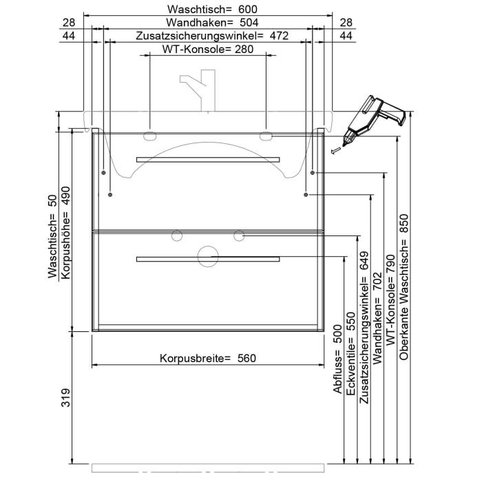 Steinkamp Living 2.0 Waschtischunterschrank 56 cm für Villeroy & Boch Subway 3.0 Waschtisch 60 cm