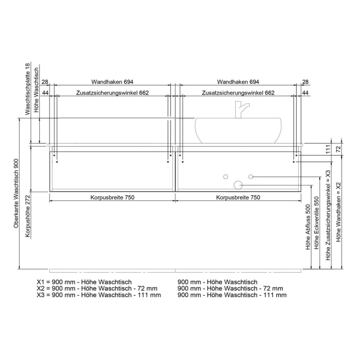 Steinkamp Value Waschtischkonsole 151 cm mit 2 Auszügen