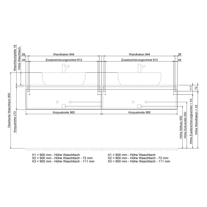 Steinkamp Value Waschtischkonsole 181 cm für 2 Waschtische, mit 2 Auszügen