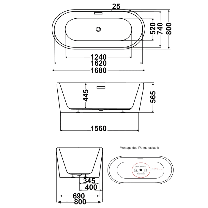 Steinkamp Loft freistehende Ovalbadewanne 168 x 80 cm