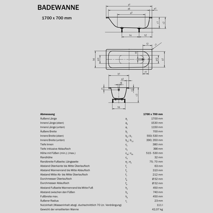 Sturotec Sturoform Rechteck-Badewanne 170 x 70 cm