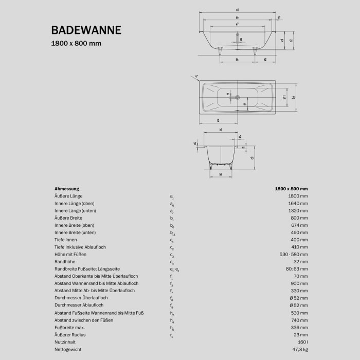 Sturotec Sturopur Duo Rechteck-Badewanne 180 x 80 cm