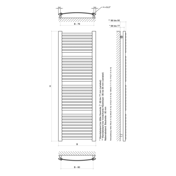 Sturotec Bath 1 E Badheizkörper 58 x 139,5 cm, rein elektrisch, mit integr. Raumthermostat