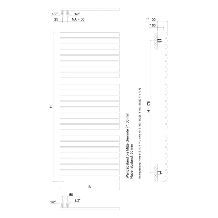 Sturotec Bath 2 E Badheizkörper 60 x 151,2 cm, rein elektrisch, mit integr. Raumthermostat, Öffnung links