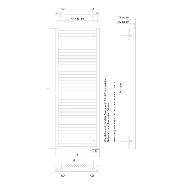 Sturotec Bath 5 E Badheizkörper 60 x 163,6 cm, rein elektrisch, mit integr. Raumthermostat