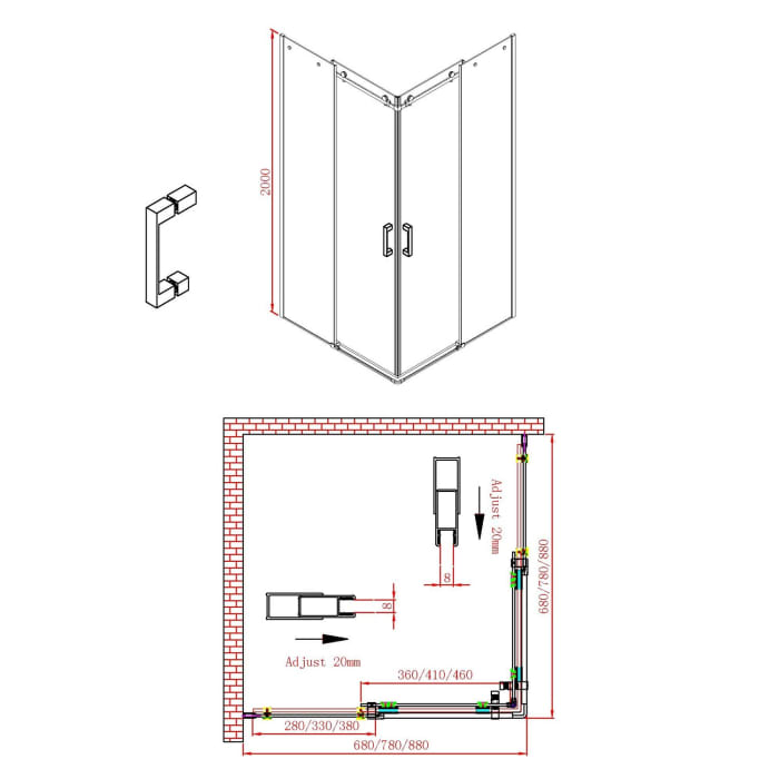 Sturotec 3080 Eckeinstieg 2 Schiebetüren mit 2 Festelementen 90 x 90 x 200 cm, mit Nano-Beschichtung