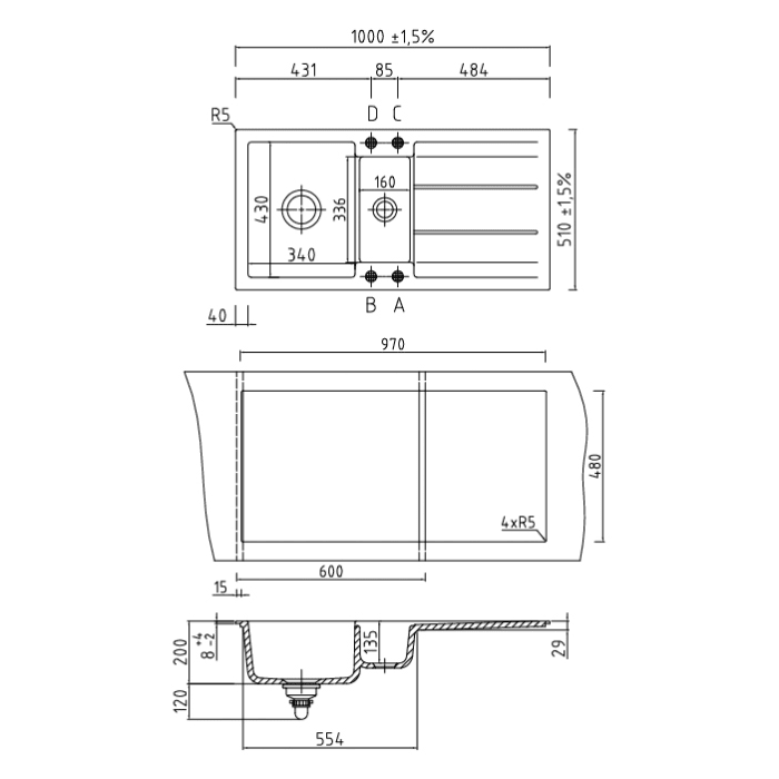 Systemceram Keradomo Genea 100 Einbauspüle mit Handbetätigung und Hahnlochbohrung B